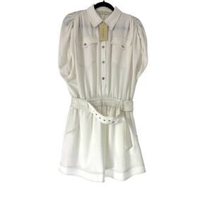 Ramy Brook NWT White Long Sleeve Button Front Belted Mini Shirt Dress M